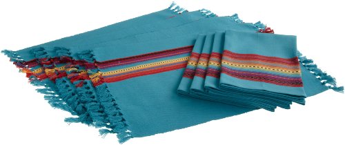 DII Fiesta Fringe Placemat Table Linen, Aztec Blue Stripe, Set of 8