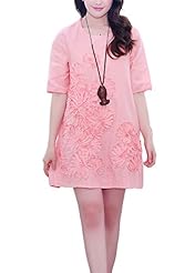 Sexy Scoop Neck Cutout Embroidered Linen Elbow Length Sleeves  Dress