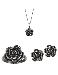 BRI Jewelry Sterling Silver Black Flower Set - 15mm Pendant on 18" Cable Chain - 16mm Earring and Ring