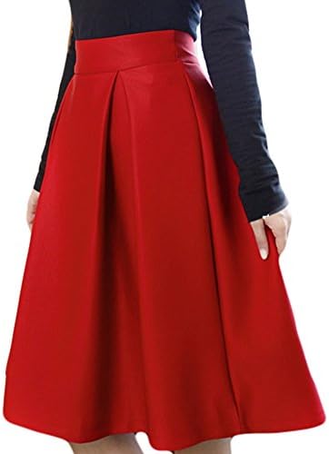 DEWSON Women's Hepburn High Waist Full A Line Pleated Swing Dress Midi Skirt 4 Red