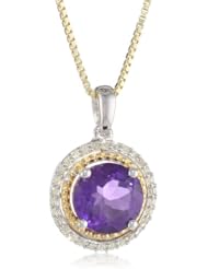 Sterling Silver with Yellow Gold Plated Amethyst and Diamond-Accented Pendant Necklace, 18"