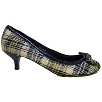 Blue Beige Tartan Check Kitten Heel Court Shoes