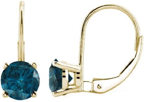 0.10 CTW Round Blue Diamond Leverback Earrings in 14K Yellow Gold
