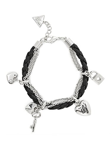GUESS Women's Black and Silver-Tone Faux-Leather Charm Bracelet