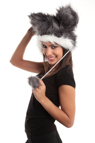Fur Animal Hood Gray Mouse Miki with Poms