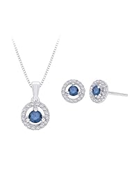 Sterling Silver, Diamond Jewelry Set with Blue Center Diamond (3/4 cttw)