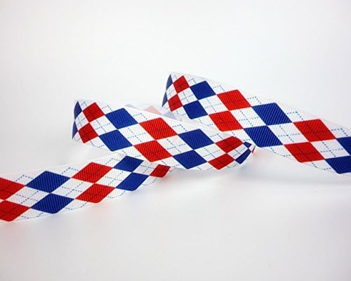 50yds 7/8" Plaid Argyle Pattern Printed Patriotic White Solid Grosgrain Ribbon for Diy ,Hairbow Etc.
