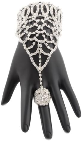 Silvertone Iced Out Charmed Adjustable Finger Ring Full Covering Hand Chain Bracelet