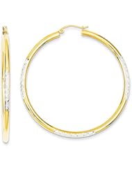 3mm, 14K Gold And Rhodium Diamond Cut Hoop Earrings 55mm (2 1/8")