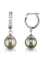 14k White Gold Tahitian Black Pearl Huggie Earrings (10-11mm)