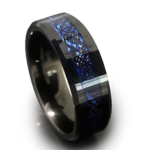 King Will Men s 8mm Blue Carbon Fiber Celtic Dragon Tungsten Carbide Ring Wedding Band(10.5)