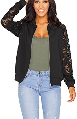 EKIMI Women's Casual Long Sleeve Lace Blazer Jacket Coat Outwear (L, Black)