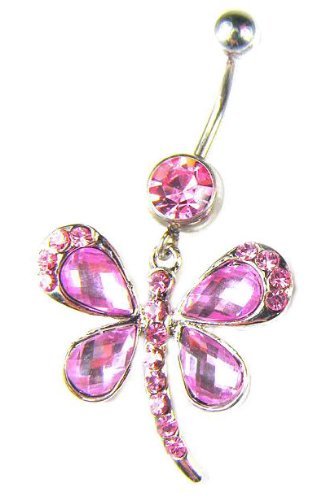 Stainless Steel Dragonfly Belly Ring with Pink CZ