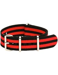 18mm Classic SS Nylon Striped Black / Red - Easily Interchangeable Replacement Military Watch Strap / Band - Fits All Watches!!!