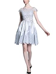 A-line Short Sleeves Satin/Silk Bateau Neck Lace Jeweled Embroidered Beaded Cocktail Homecoming Dress/Pageant Dress/Prom Dress/Party Dress/Wedding Dress 