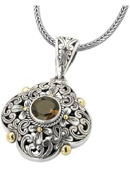 925 Silver & Smoky Quartz Ornate Flower Scroll Pendant with 18k Gold Accents