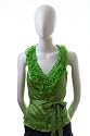 Satin Ruffle Lace Button Up Sleeveless Stretched Top With Sash Belt