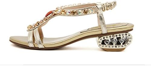 Bohemian open-toed shoes gem diamond stretch elastic belt with profiled flat with low-heeled sandals , gold , 36