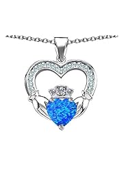Celtic Love by Kelly (tm) Hands Holding 8mm Crown Heart Claddagh Pendant with Created Blue Opal in 925 Sterling Silver
