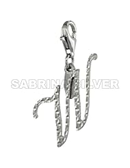 Sterling Silver Script Initial Letter W Alphabet Charm Diamond Cut Finish and Lobster Lock Clasp, 3/4 inch