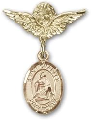Gold Filled Baby Badge with St. Charles Borromeo Charm and Angel w/Wings Badge Pin