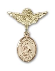 14K Gold Baby Badge with St. Charles Borromeo Charm and Angel with Wings Badge Pin