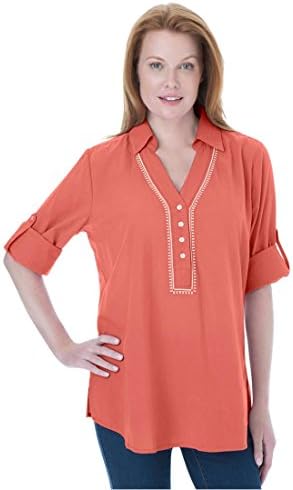Women's Plus Size Embroidered Tunic Top With Half Placket (Dusty Coral,L)