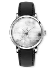 SPRAWL Aanalog Fashion Series Silver Ladies Watches of Genuine Black Leather Strap,Unique Wrist Watch for Women Girls Designed with Mountains in the mist