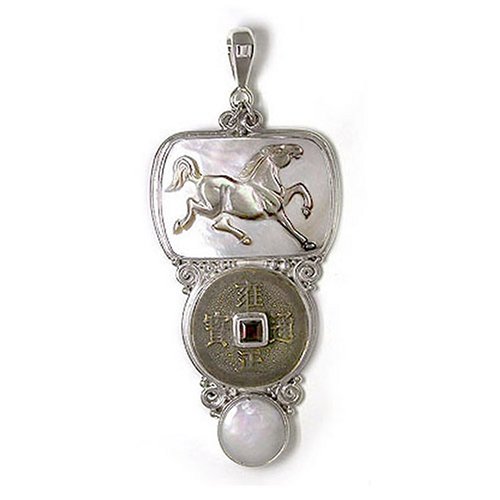 Sterling Silver Carved Mother-of-Pearl Horse & Chinese Coin Pendant by Sajen