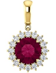 18K Yellow Gold 8.00mm Round Cut Rhodolite Garnet and Diamond Pendant -- LIFETIME WARRANTY