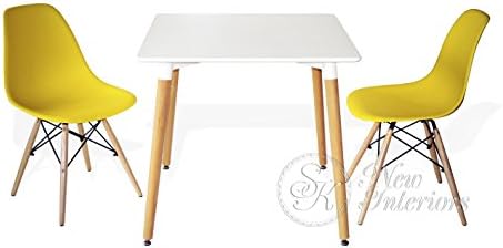 3-Piece Dining Set White Square Table Yellow Chairs Modern Plastic Molded Wood Legs