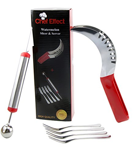 Watermelon Slicer and Server - Includes Melon Baller and Forks Stainless Steel - Comfortable Silicone Handle - Red Color