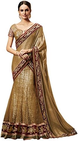 Almeercreation Chiffon & Net Lehenga Saree Customize Upto Bust Size 40 Beige