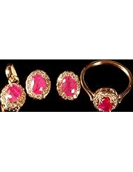 Faceted Ruby and Diamond Pendant with Tops and Finger Ring Set - 18 K Gold