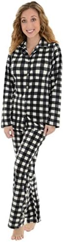 Womens 2 Piece Plaid Black White Pajamas Set Soft Microfleece Sleepwear Sizes: Small