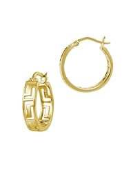 Goldtone Finish Silver Small Greek Key Hoop Earrings