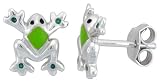 Sterling Silver Child Size Frog Earrings, w/ Green Enamel Design, 3/8 (9mm) tall