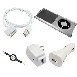 Apple iPod Nano 4th Generation Chromatic (4G) (CLEAR) Crystal Acrylic Hard Snap On Case / Shell, with Retractable 3.5mm to 3.5mm Auxilary Cable + Charging Combo of USB Data 2in1 Sync Cable and USB Car and Wall / Travel Charger