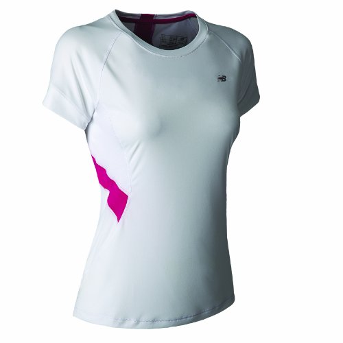 New Balance Women's Icefil Short Sleeve Tee, White Top with Virtual Pink, X-Large