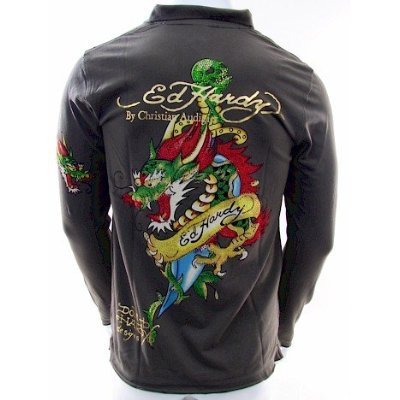 Ed Hardy By Christian Audigier Gray Long Sleeve Mens Polo Dragon Rhinestones Xl
