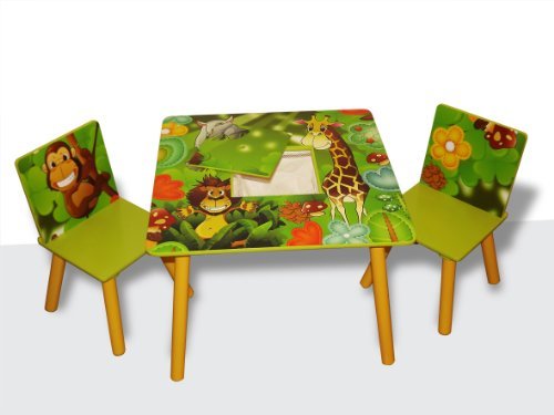 Kids Wooden Square Table and Chairs Set with Storage - Jungle Theme