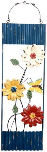 Wilco Imports Distressed Metal Wall Plaque with Blue Trim, Bright Flowers and a Butterfly, 10-Inch by 1-3/4-Inch by 35-Inch High