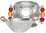 Aluminum Square Bowl with Ruby Red and Gold Glass Bead Handles 6 1/2" x 6 1/2" x 2 3/4"