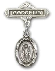 Sterling Silver Baby Badge with Miraculous Charm and Godchild Badge Pin