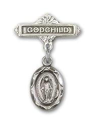 Sterling Silver Baby Badge with Miraculous Charm and Godchild Badge Pin
