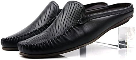 Santimon-Men Male Comfortable Soft Genuine Leather Backless Slippers Leisure Slip-on loafters Slippers Shoes-Black-43