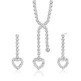 Romantic Style: Sterling Silver Rhodium Finish Heart Lariat Tennis Necklace Earrings Set with White Cubic Zirconia