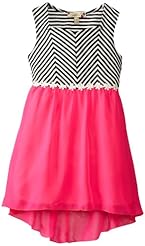 Girls Belted Lace-Up Applique Striped Print Zig Zag High-Low-Hem Chiffon/Polyester Sleeveless Square Neck  Dress