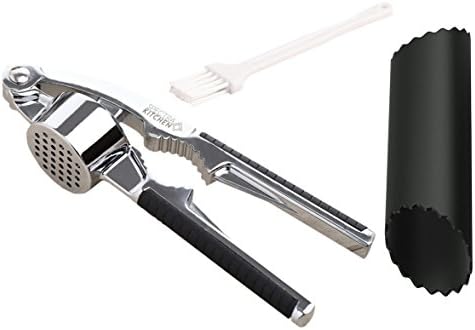 Garlic Press Kit With Silicone Garlic Peeler &amp; Brush By Spectra Kitchen. Easy To Use, All In One Premium Steel Garlic Press. Peel Press &amp; Taste The Flavor Today!