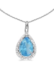14k White Gold Pear Blue Topaz Pendant with 18" Chain